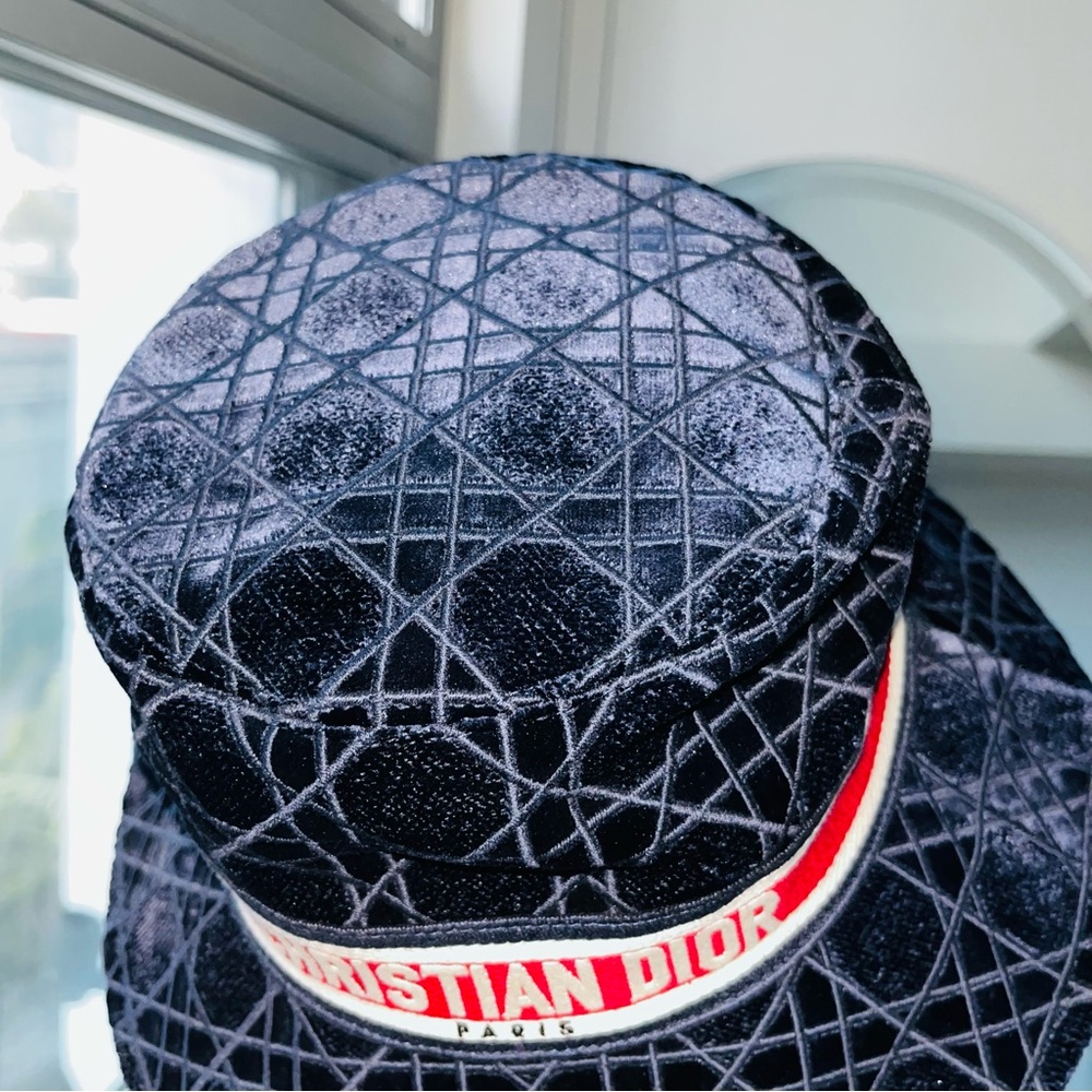 Dior: Velour Corduroy Christian Dior Paris Logo Cannage Embroidered Hat - Picture 12 of 16